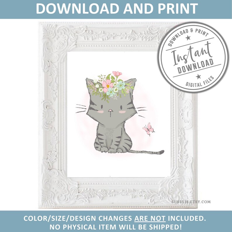 https://www.etsy.com/de/listing/621666604/printable-garderobe-katzen-drucke, Illustration, 4er Set, Tierschilder, Aquarell Kätzchen Schmetterling Blumen, Mädchen Poster, Geschenk Kinder, Wandkunst, DIGITAL Bild 4