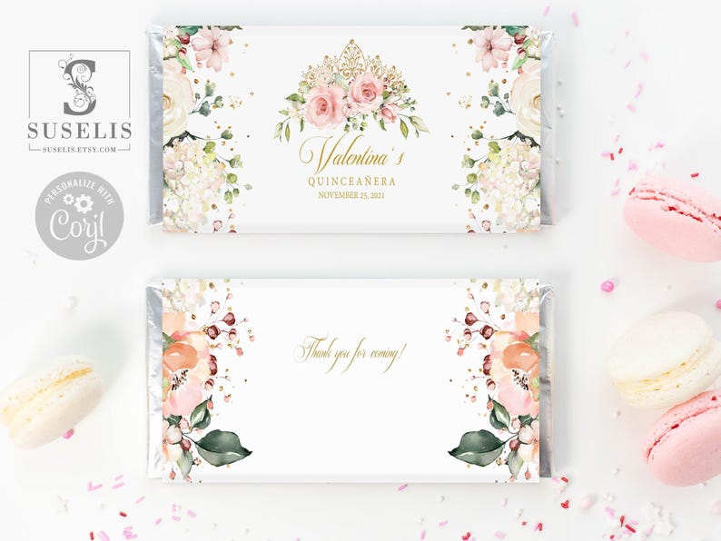 EDITABLE Quinceañera Chocolate Wrapper Template, Candy Bar Wrap, Mis Quince, Sweet Sixteen, Party Favors, Printable Instant Download, QU021 Bild 1