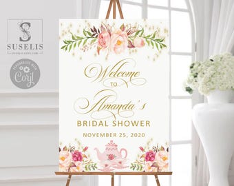 Floral Tea Party Bridal Shower Sign, Blush Pink Flowers Digital File