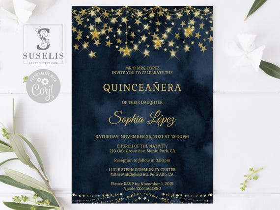 EDITABLE Starry Night Quinceanera Invitation Template, Blue Under the Stars, Mis Quince, Sweet 16, Printable, Instant Download QU103