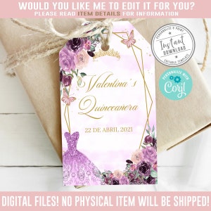 Editable Quinceanera Favor Tag, Corjl Template, Purple, Gift tag, Mis Quince Anos, 15th Birthday, Butterfly, Instant Download, QU054D
