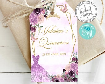 Editable Quinceanera Favor Tag, Corjl Template, Purple, Gift tag, Mis Quince Anos, 15th Birthday, Butterfly, Instant Download, QU054D