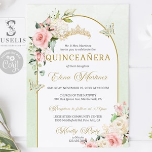 EDITABLE Template Quinceanera Invitation, Blush Pink Flowers, Sage Green, Butterfly, Sweet 16, Quince, Printable, Instant Download, SU058