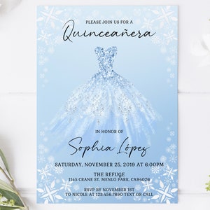 EDITABLE Template Winter Wonderland Quinceanera Invitation, Snowflakes Blue Silver, Mis Quince, Sweet 16, Printable, Instant Download, QU007