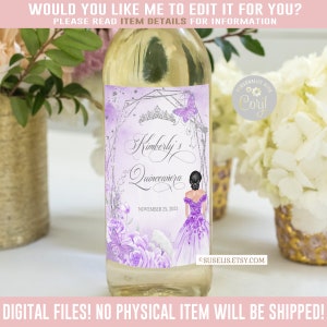 EDITABLE Quinceañera Wine Bottle Labels, Purple Silver Butterfly, Mis Quince, Favor labels, Instant Download, Corjl Template Digital, QU069A