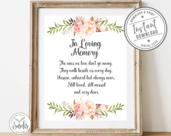 Printable, In Loving Memory, Wedding sign, Memorial, Watercolor Blush Floral, Memory sign, Wedding Favor, Instant Download, DIGITAL FILES