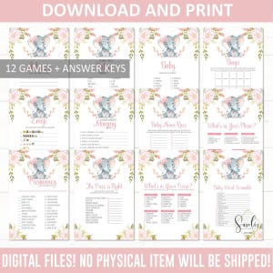 Afdrukbare babyshowerspelbundel, 12 spellen, olifantenthema, aquarel blush bloemen, activiteitenspelpakket, direct downloaden, digitaal, BS053