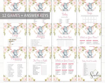 Printable Baby Shower Game Bundle, 12 Games, Elephant Theme, Watercolor Blush Flowers, Activity Game Pack, Instant Download,  DIGITAL, BS053