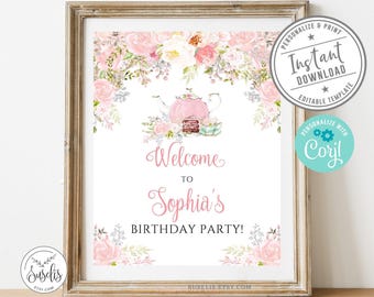 EDITABLE Tea Party Birthday Welcome Sign, Corjl Template, Instant download, Blush Flowers, Girl Birthday Party Welcome, Printable, 10-107