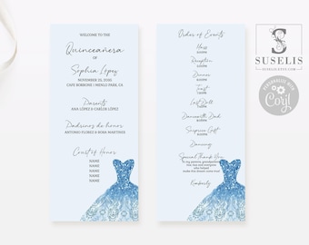 May include: Two light blue vertical cards featuring a Quinceañera program for Sophia López. The text includes event details, names, and a schedule. Each card displays a blue glittery ballgown illustration at the bottom with intricate lace patterns.
