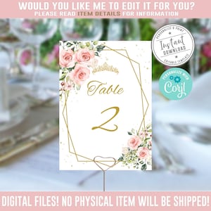 EDITABLE Table Numbers, Quinceanera, Blush Pink Flowers, Mis Quince Anos, 15th Birthday, Corjl Template, Instant Download, SU022A