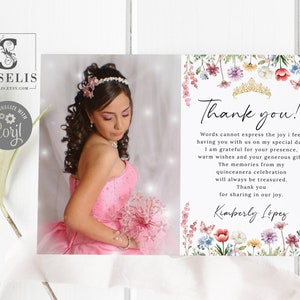 Editable Template Wildflower Thank you Card, Photo card, Quinceañera, Sweet 16, Mis Quince, 15th Birthday, Printable Instant Download, SU059