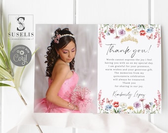 Editable Template Wildflower Thank you Card, Photo card, Quinceañera, Sweet 16, Mis Quince, 15th Birthday, Printable Instant Download, SU059