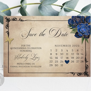 Editable Save the Date Card Calendar, Royal Blue Roses Flowers, Quinceañera, Sweet 16, 15th Birthday, Printable, Instant Download, QU182