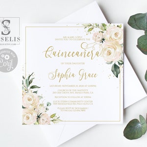 EDITABLE Square Quinceanera Invitation Template, White Flowers, 5x5 inch Design, Sweet Sixteen, Sweet 16, Instant download, Printable QU027