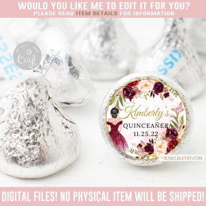 Editable Quinceanera Chocolate Kisses Label, Burgundy Floral, Mis Quince Anos, 15th Birthday, Corjl Template, Instant Download QU084D