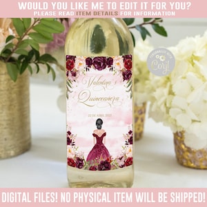 EDITABLE Quinceañera Wine Bottle Labels, Burgundy Floral Butterfly, Mis Quince, Favor labels, Corjl Template, Instant Download, QU084D