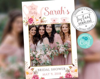 EDITABLE Bridal Shower Tea Party Photo Booth Frame, Selfie Frame, Prop, Watercolor Blush Flowers, Corjl Template, Instant Download, DIGITAL