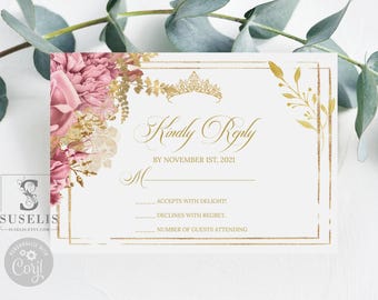 Editable RSVP Card Template, Blush Pink Flowers, Quinceañera, Sweet 16, Mis Quince, 15th Birthday, Printable, Instant Download, QU121A