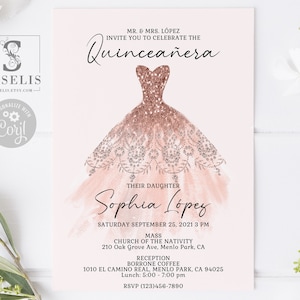 EDITABLE Quinceanera Invitation + Back Template, Rose Gold, Mis Quince, Sweet 16, Sweet Sixteen, Printable, Instant Download, QU007