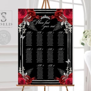 EDITABLE Seating Chart Template, Table Plan, Silver Ruby Red Floral, Sweet 16 Poster, Quince, Sweet Sixteen,Printable Instant Download QU140