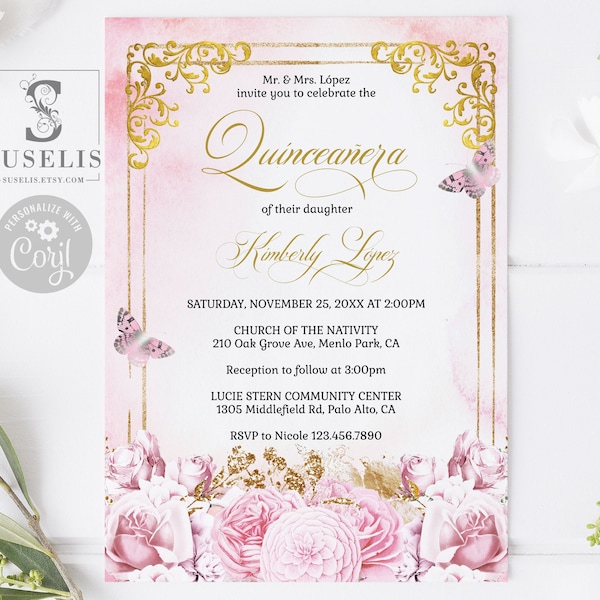 EDITABLE Template Quinceanera Invitation, Gold Blush Pink Flowers, Butterfly, Mis Quince, Sweet 16, Printable, Instant Download, QU102