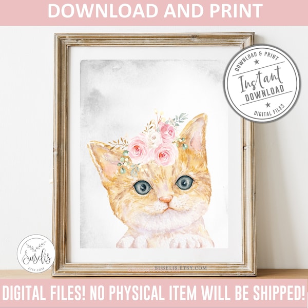 Printable Nursery Cat Print, Animal Nursery Prints, Nursery Sign, Watercolor Kitten Flowers, Girls room poster, Gift for kids, DIGITAL FILES