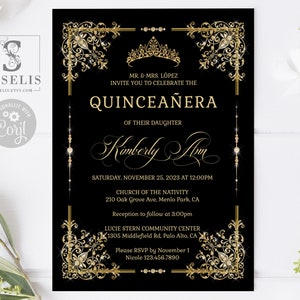 EDITABLE Quinceanera Invitation + Back Template, Gold Corners, Swirls, Sweet Sixteen, Wedding Invite, Printable, Instant Download, QU202