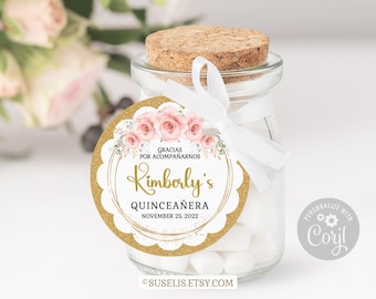 Editable Quinceanera Scalloped Tag, Thank You, Blush Gold Gift Favor Tag, Mis Quince 15th Birthday Corjl Template, Instant Download QU166