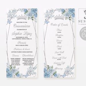 EDITABLE Template Program, Blue Flowers, Quinceañera, Order of service, Ceremony, Butterfly, Wedding, Sweet 16, Printable Instant QU181