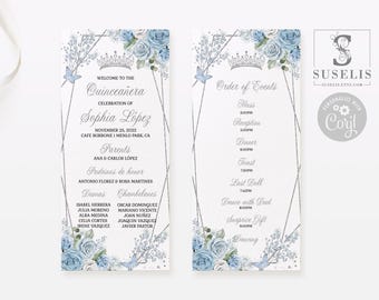EDITABLE Template Program, Blue Flowers, Quinceañera, Order of service, Ceremony, Butterfly, Wedding, Sweet 16, Printable Instant QU181