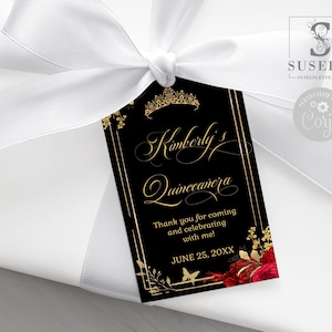 Editable Template Quinceanera Favor Tag, Black Red Roses Flowers, Gift tag, Mis Quince, Sweet 16, Printable, Instant Download, QU140