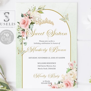 EDITABLE Template Sweet Sixteen Invitation, Blush Pink Flowers, Sage Green, Sweet 16, 16th Birthday, Printable, Instant Download, SU058