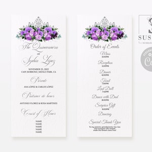 EDITABLE Program Template, Purple Flowers, Quinceañera, 15th Birthday, Sweet 16, Butterfly, Mis Quince, Printable, Instant Download, QU088