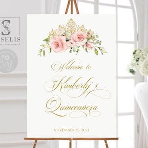 EDITABLE Welcome Sign Template, Blush Flowers, Quinceañera, Sweet 16, Poster, Signage, Sweet Sixteen, Mis Quince, Instant Download, QU021