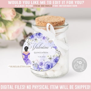 Editable Quinceanera Favor Tag, Purple Silver Gift tag, Mis Quince Anos, 15th Birthday, Butterfly, Corjl Template, Instant Download QU084E