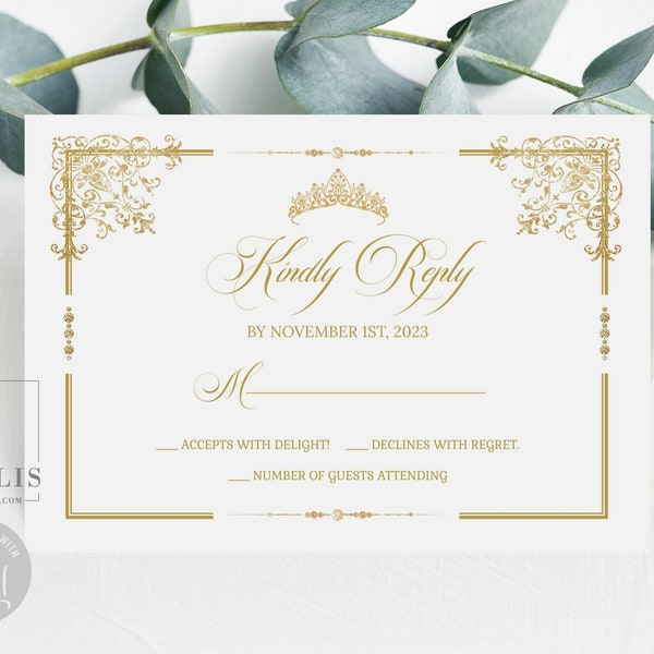 Editable RSVP Card Template, Kindly Reply, Gold Ornaments, White and Gold, Quinceanera, Sweet 16, Wedding, Printable Instant Download, QU202