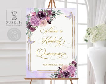 EDITABLE Quinceañera Welcome Sign Template, Purple Flowers, Sweet 16, Poster, Signage, Mis Quince, Sweet Sixteen, Instant Download, QU054D