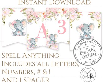 Afdrukbare banner babyolifant, blush roze verjaardag, babyshower voor meisje, gors, decoratie, feestdecoratie, direct downloaden, BS053