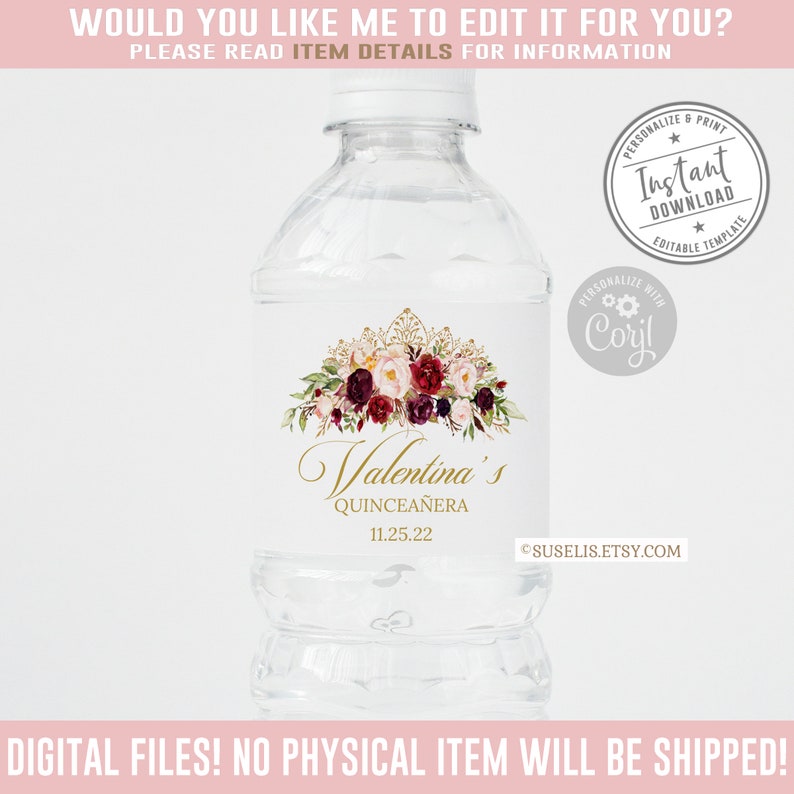 EDITABLE Water Bottle Labels Quinceanera Baby Shower Corjl Etsy