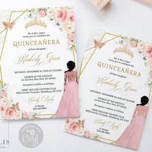 EDITABLE Quinceañera Invitation & Back Template, Blush Pink Flowers, Butterfly, Sweet 16, 15th Birthday, Printable, Instant Download QU195