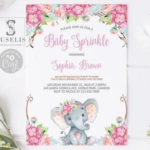 EDITABLE Template Baby Sprinkle Invitation, Elephant Girl Theme, Pink Watercolor Flowers, Instant Download, Printable, Digital, BS014
