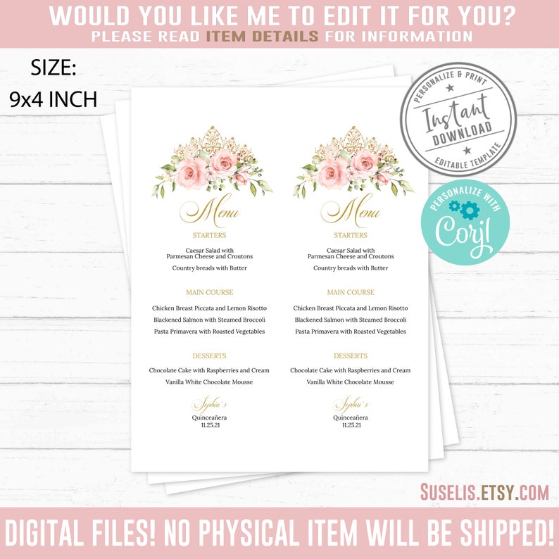 EDITABLE Menu Quinceanera Sweet 16 Blush Flowers Gold - Etsy