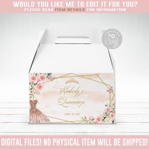 EDITABLE Quinceañera Gable Box Label, Favor Gift Labels, Blush Pink, Mis Quince, 15th Birthday, Corjl Template, Instant, Printable, QU054B