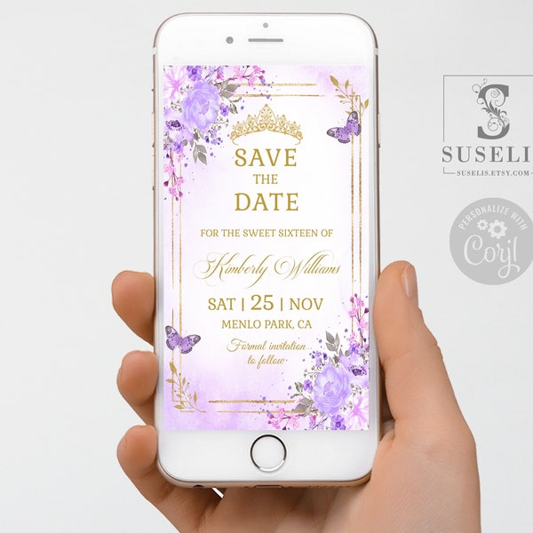Editable Template Save the Date Evite, Text Invite, Purple Flowers, Butterfly, Sweet 16, 16th Birthday, Printable, Instant Download, SU010