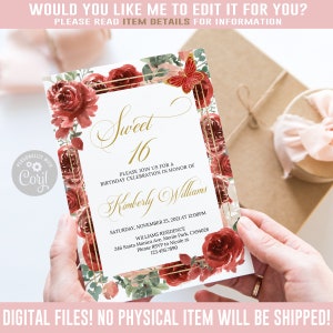 EDITABLE Sweet 16 Invitation, Blush Marsala Red Flowers, Sweet Sixteens, 16th Birthday, Instant Download, Corjl Template, DIGITAL SU021