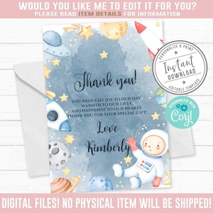 Editable Space Thank you Card, Corjl Template, Astronaut, Stars, Houston we have a Boy, Galaxy, Baby Boy Shower, Instant Download,  BS201