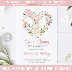 EDITABLE Some Bunny, Birthday Invitation, Corjl Template, Instant download, Any Age, Pink Blush Flowers Invite, You Edit, Printable 10-228