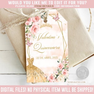 Editable Quinceanera Favor Tag, Blush Pink Gold, Gift tag, Mis Quince Anos, 15th Birthday, Butterfly, Corjl Template Instant Download QU054B