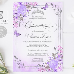 EDITABLE Template Quinceanera Invitation and Back, Silver Purple Flowers, Sweet Sixteen, Sweet 16, Printable, Instant Download, SU010